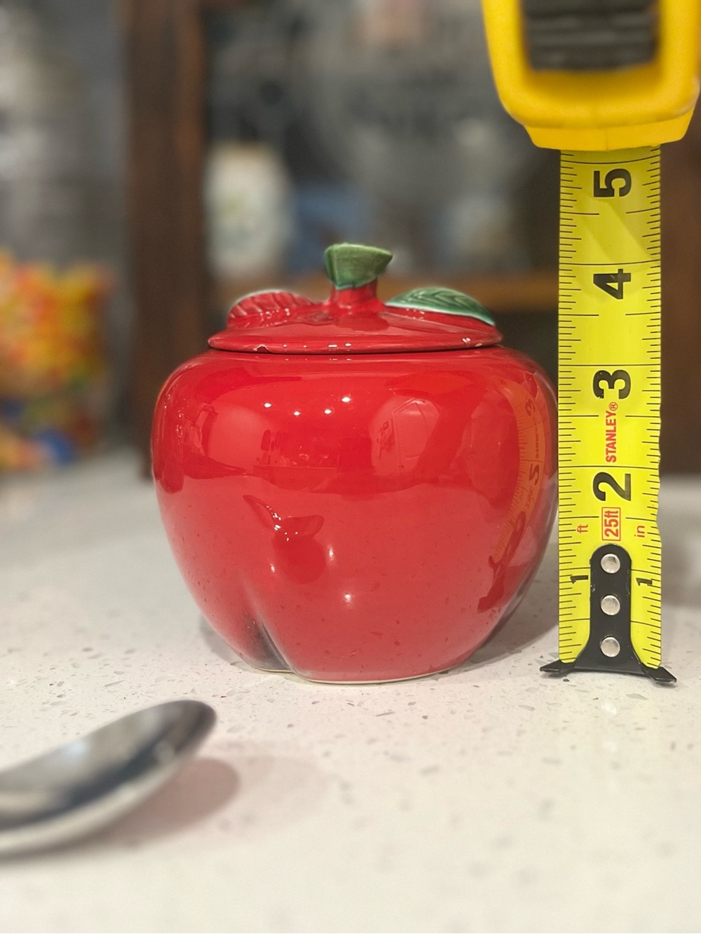 Vintage Red Apple Ceramic Sugar Bowl with Lid and Spoon - Picture 5 of 7